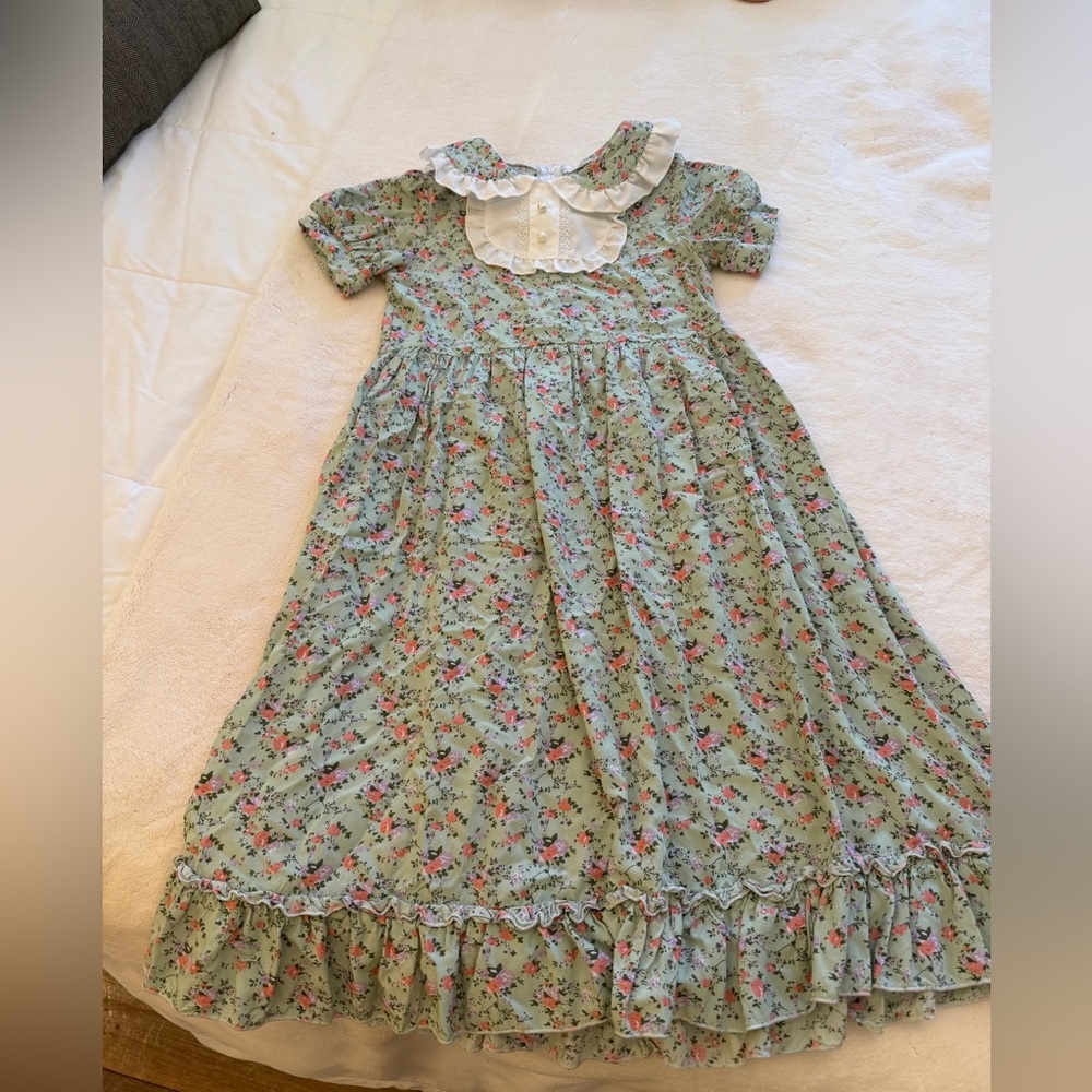 Girls' Mint Floral Ruffle Collar vintage style prairie Dress